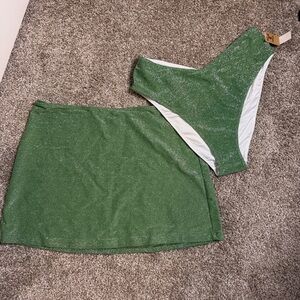 Pink Glittery Green Bikini Set with Skirt